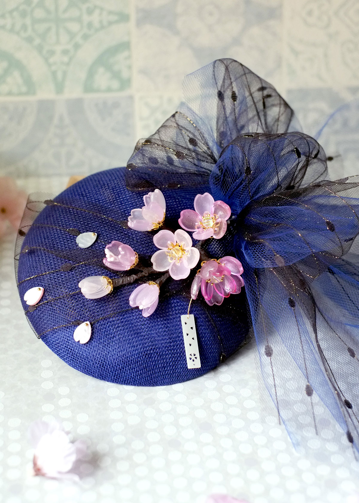 琉璃細工-手作和洋禮帽。藍幕月夜 - 枝垂櫻。