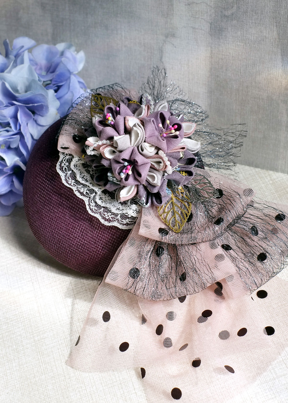 つまみ細工手作－洋式小圓帽。和風蘿莉塔(深紫)