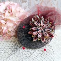 つまみ細工手作－和洋小禮帽。莫蘭迪調(灰紅)