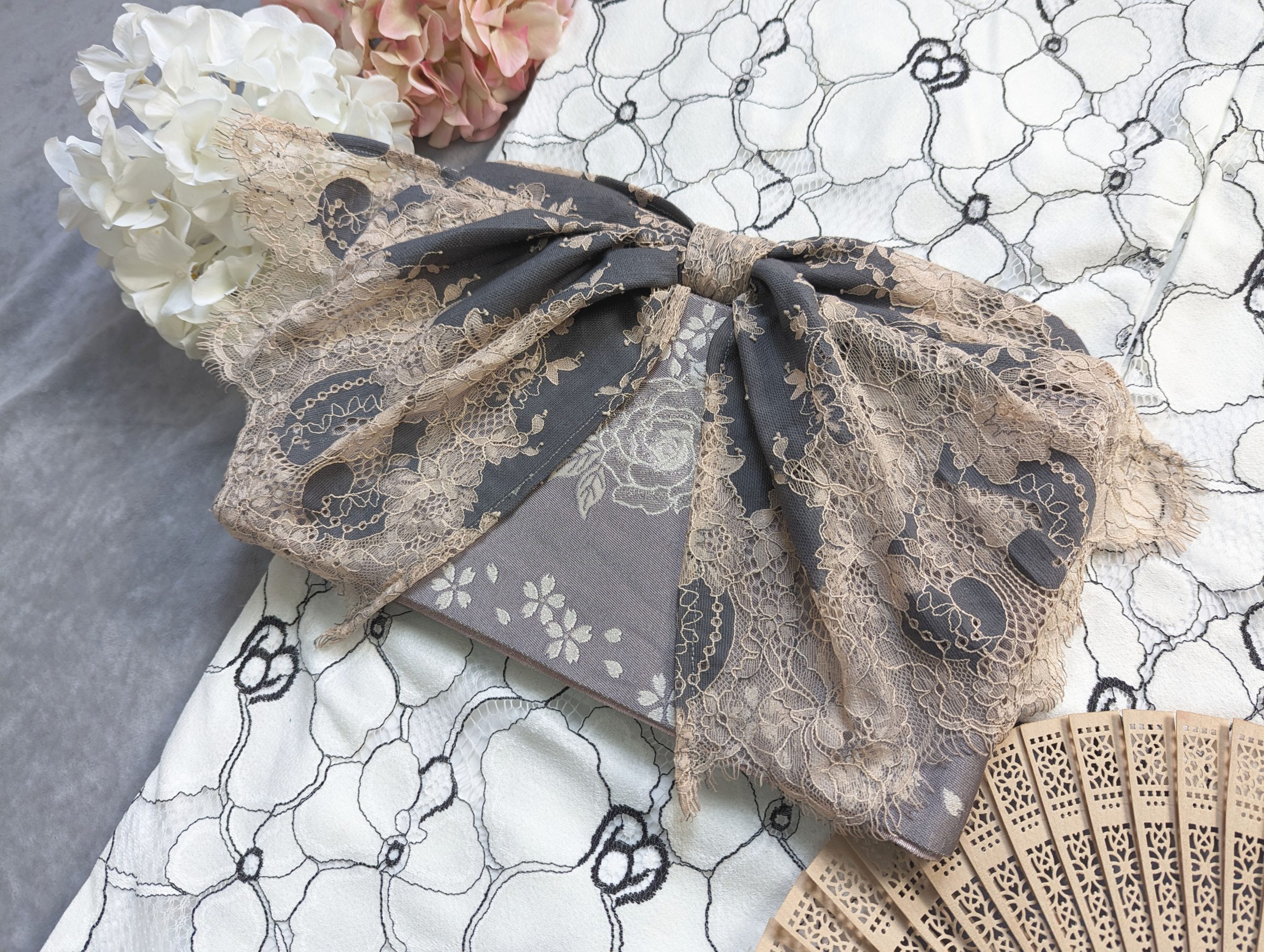 【洋粋youiki】レース帯揚げ 単品 エレガント レディース(グレー/薄茶)